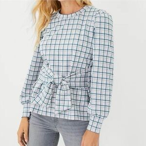 Ann Taylor Plaid Puff Sleeve Tie Waist Sweater - M